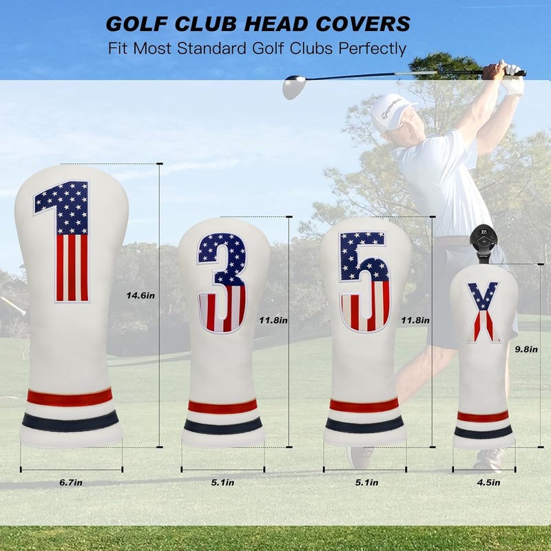PONADA Golf Head Covers, 4pcs or 1pc USA Stars and Stripes Golf Club Covers for Woods and Driver Fairway Hybrid, PU Leather Golf Club Head Covers for Men Women with Interchangeable Tags, Fits Most Golf Clubs - Image 3